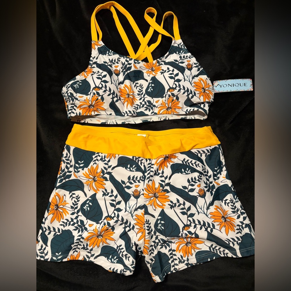 Yonique Women's Floral Swim Set - Yellow and green